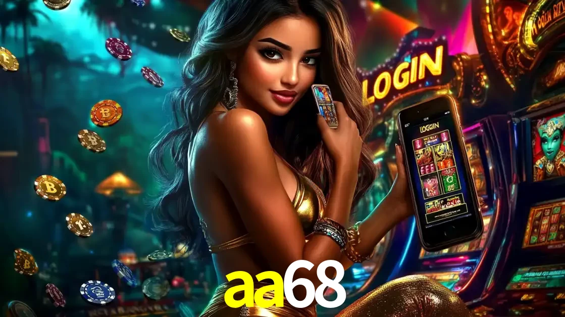 Mulher em um cenário de cassino temático de aventura, mostrando o app de caça-níqueis da aa68 no celular. Fichas de apostas flutuam ao redor.