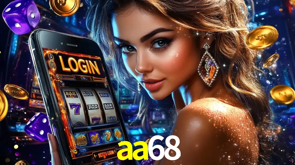 Mulher glamorosa segurando um smartphone com a tela de login para os jogos de caça-níqueis do cassino online aa68, com moedas de ouro e dados ao redor.