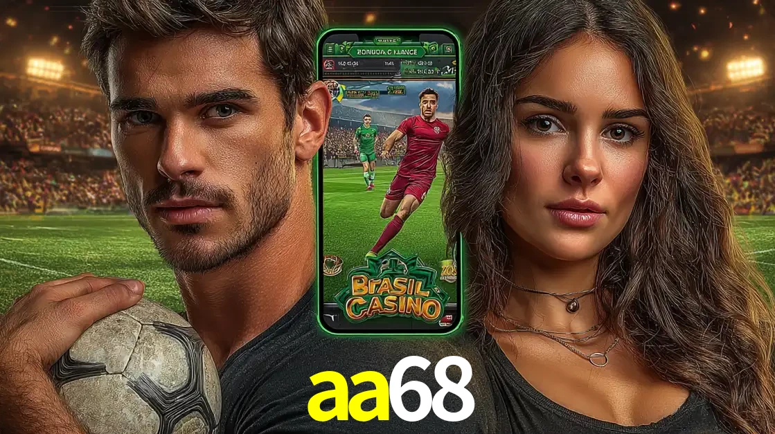 Homem segurando uma bola de futebol e uma mulher ao lado de um smartphone exibindo o jogo de apostas esportivas da aa68. Faça seu palpite no cassino online.
